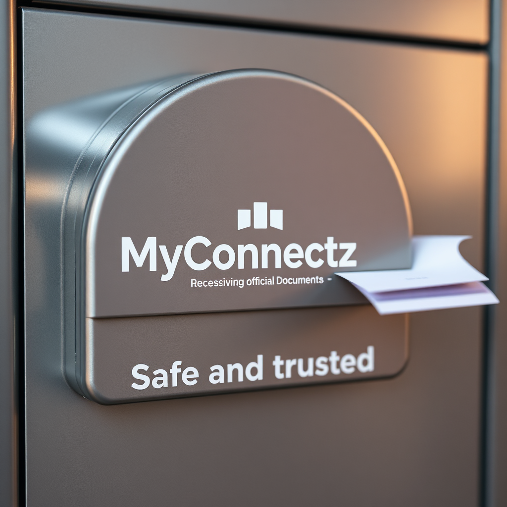 A secure mailbox with a logo representing MyConnectz. The mailbox is receiving official documents. Safe and trusted image. 4K resolution.