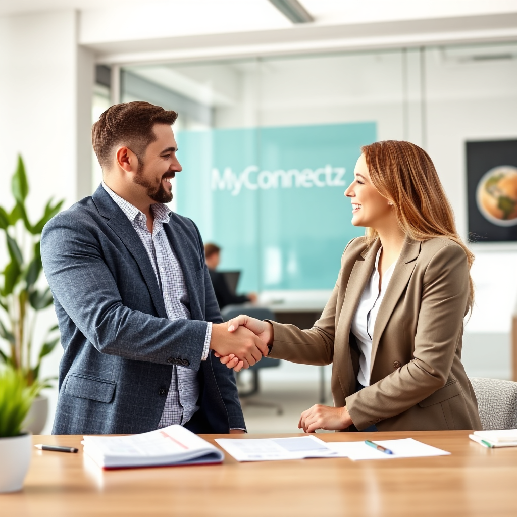 A small business owner shaking hands with a MyConnectz tax professional in a bright, modern office setting. The image should convey collaboration and trust, with financial documents subtly visible in the background.