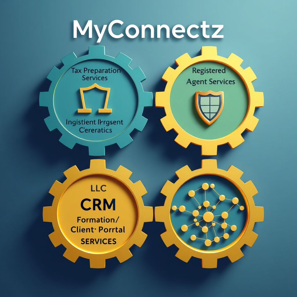 A stylized image representing the core values of MyConnectz: Tax Preparation Services, Registered Agent Services, LLC Formation Services, and CRM/Client Portal Design Services. The image features four interconnected gears, each representing one of the core services. The Tax Preparation gear displays a balanced scale, the Registered Agent gear shows a secure shield, the LLC Formation gear forms the shape of a building blueprint, and the CRM/Client Portal Design gear displays interconnected nodes. The color palette uses shades of blue, green, and gold to represent stability, growth, and prosperity. Lighting should be soft and professional. Technical specs: 4K resolution, high-quality rendering.