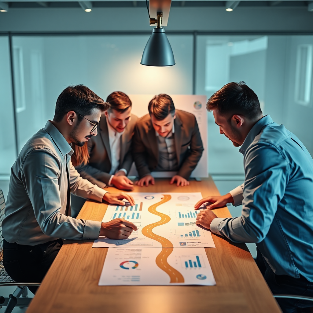 A team of professionals collaborating around a table, analyzing charts and graphs. A roadmap is prominently displayed, symbolizing strategic planning. Bright, collaborative environment. 4K resolution.