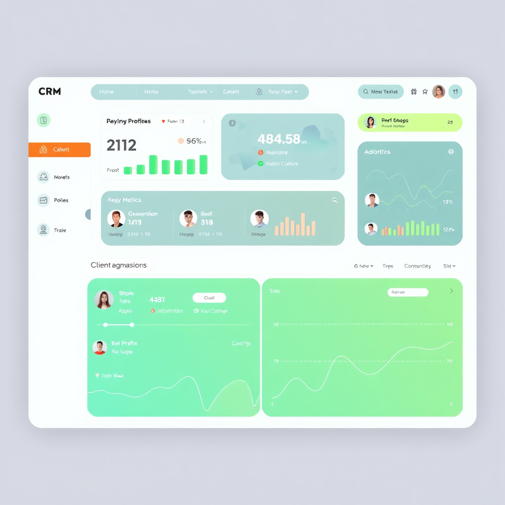 A user interface concept design highlighting a CRM dashboard. The dashboard features key metrics, client profiles, and communication channels. The design should be clean, intuitive, and visually appealing. 4K resolution.