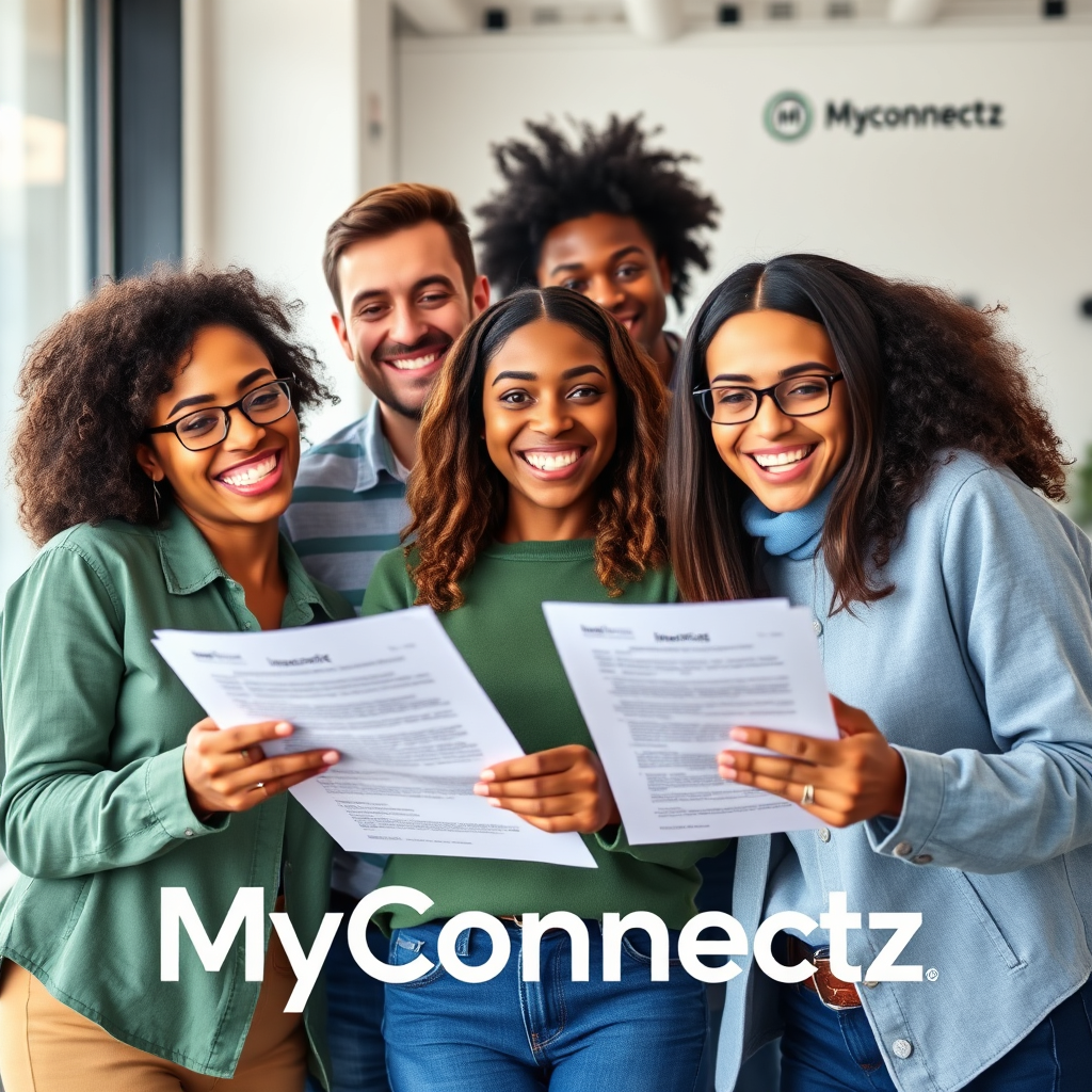 A vibrant hero image featuring a diverse group of people happily interacting with financial documents and insurance policies. The backdrop should be modern office space, with subtle branding elements of MyConnectz. The color scheme should be inviting and trustworthy using blues and greens.