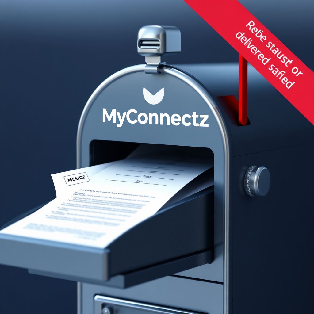 A visual representation of a secure mailbox with a prominent MyConnectz logo. Important documents are safely delivered into the mailbox. The image should convey trust and reliability. 4K resolution.