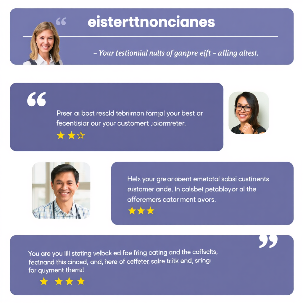 A visually appealing layout of client testimonials, featuring smiling headshots of satisfied customers. The design should be clean and modern, with pull quotes highlighting key benefits. Include star ratings for added credibility.