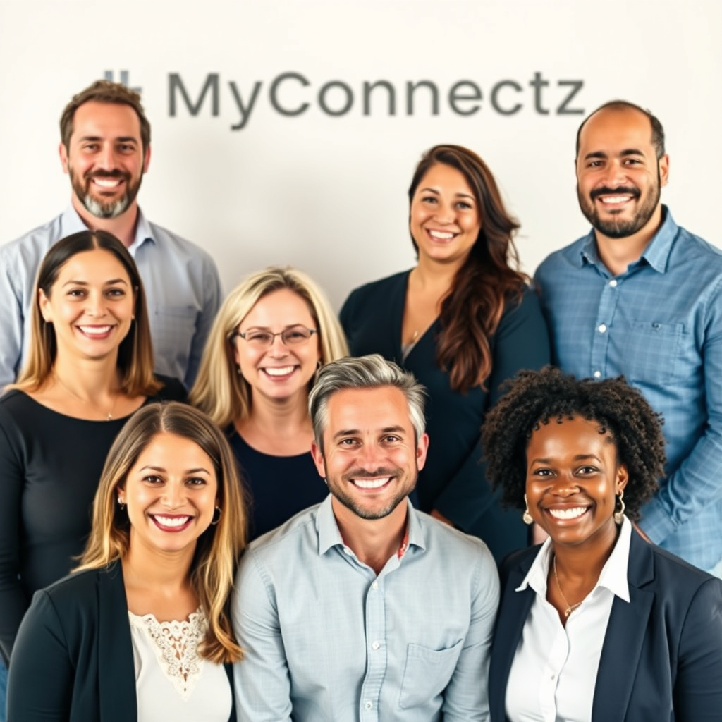 A warm, inviting headshot of the MyConnectz team, showcasing a diverse group of approachable professionals. The background should be soft and uncluttered, conveying a sense of trust and competence. Emphasis should be on genuine smiles and friendly expressions.