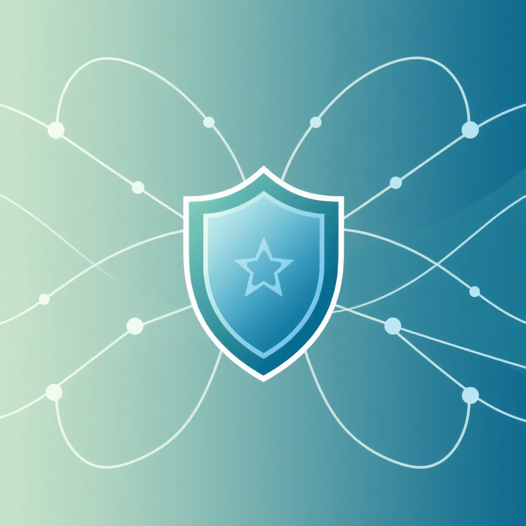 An abstract image representing connection and security, possibly using interwoven lines or a shield motif. The color palette should be calming and reassuring, with blues and greens predominating. The overall design should convey a sense of stability and protection.