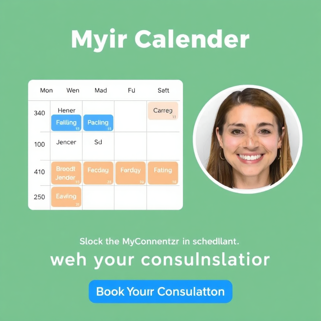 An inviting calendar interface showing available consultation slots, with a friendly face of a MyConnectz consultant. The image should convey approachability and ease of scheduling, inviting users to book their consultation.