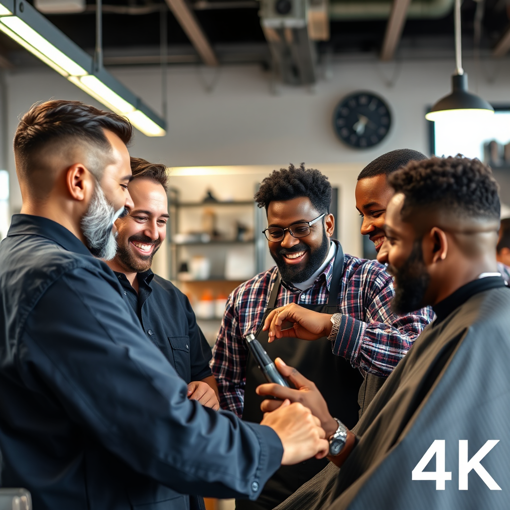 A 4K, high-quality image depicting a diverse group of barbers smiling and engaged in conversation. The scene is set within a modern, well-lit barbershop training or workshop environment. Focus on the interaction and camaraderie, emphasizing a supportive and collaborative atmosphere. One barber is demonstrating the use of a tool, while others watch attentively. The color palette is bright and inviting, with pops of color from barber equipment and décor. The image should convey trust, community, and the pursuit of excellence in the barbering profession. Style: photorealistic, capturing genuine emotions and interactions.