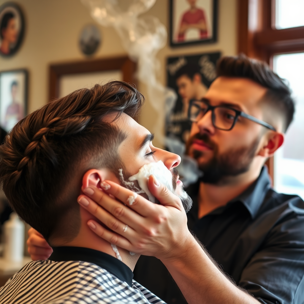 A barber applying hot lather to a client's face, getting ready for a straight razor shave. The client appears relaxed and comfortable. Focus on the traditional elements of a hot shave.