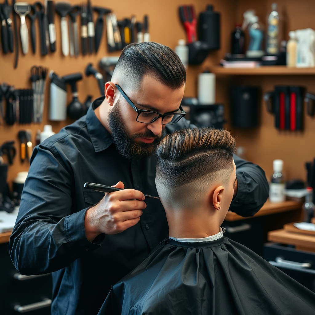 A barber giving a detailed haircut to a client. The scene should look professional and stylish. Include a range of tools and equipment in the background. The focus should be on a precise cut.