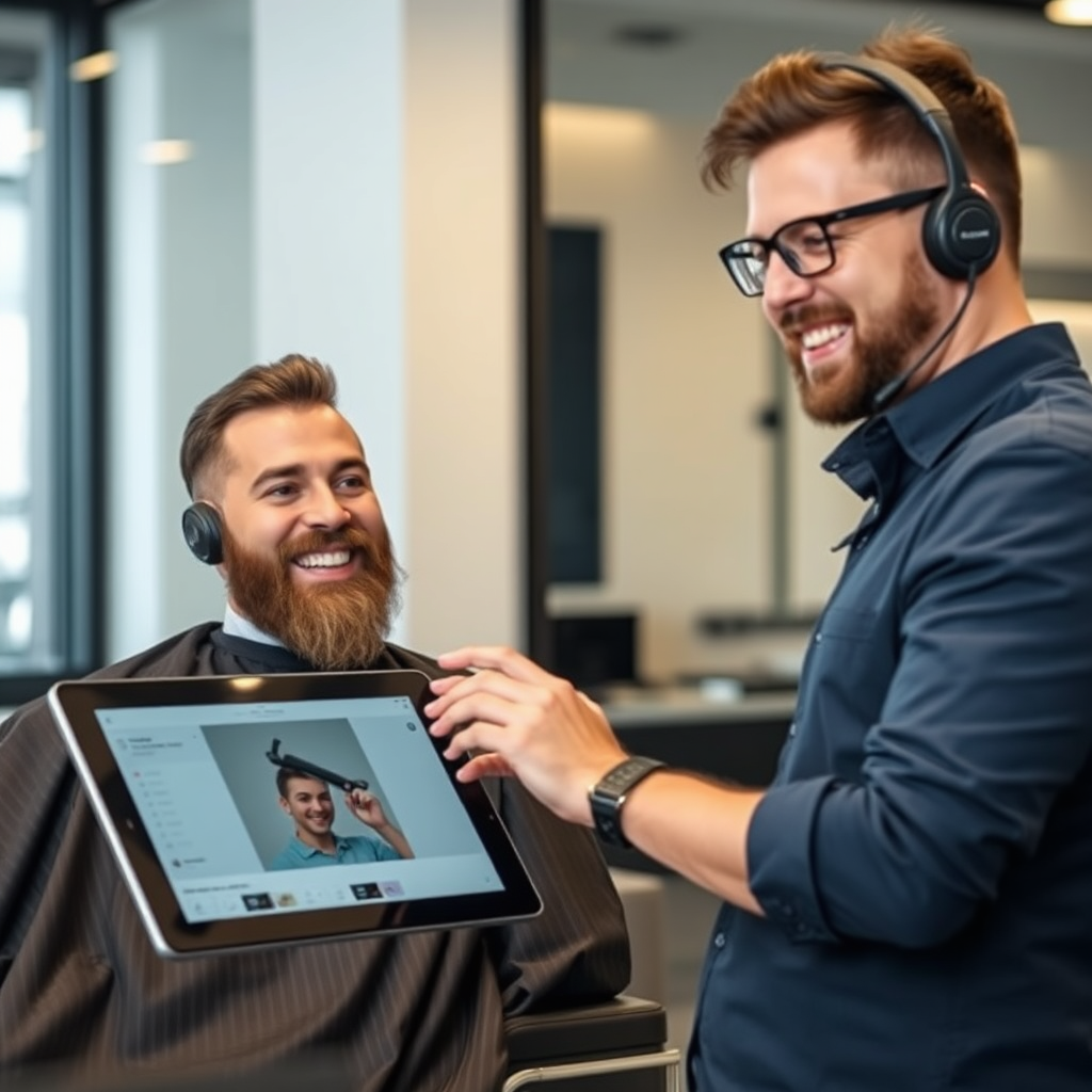 A barber is on a video call with a customer service representative. Both are smiling and engaged in a positive conversation. The barber is holding a tablet displaying a tool. The background is a modern office setting. The image emphasizes the direct and helpful customer service. Style: Modern, clean, and professional photography.