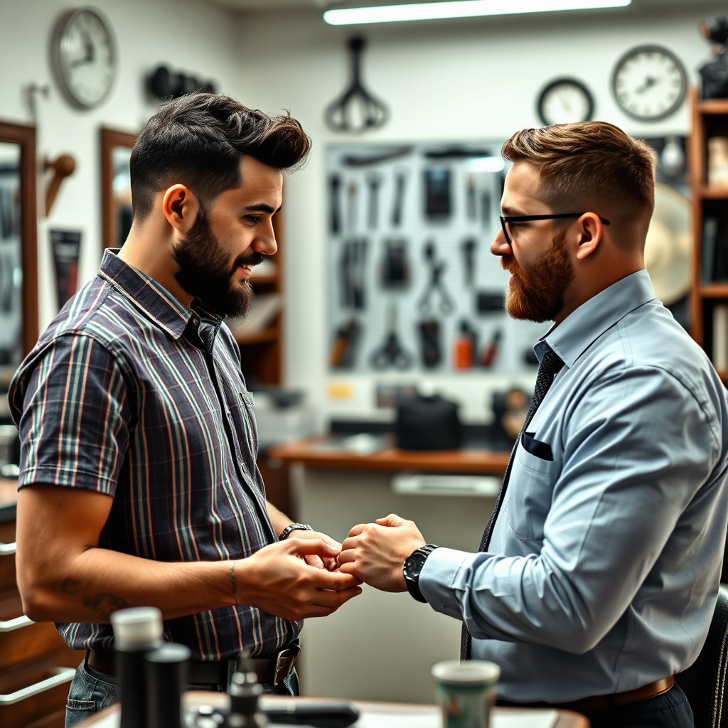 A barber receiving personalized tool recommendations from a knowledgeable consultant in a well-equipped barbershop. Focus on the interaction and the tools being discussed. The atmosphere is professional and supportive. Style: Photorealistic, natural, and helpful.