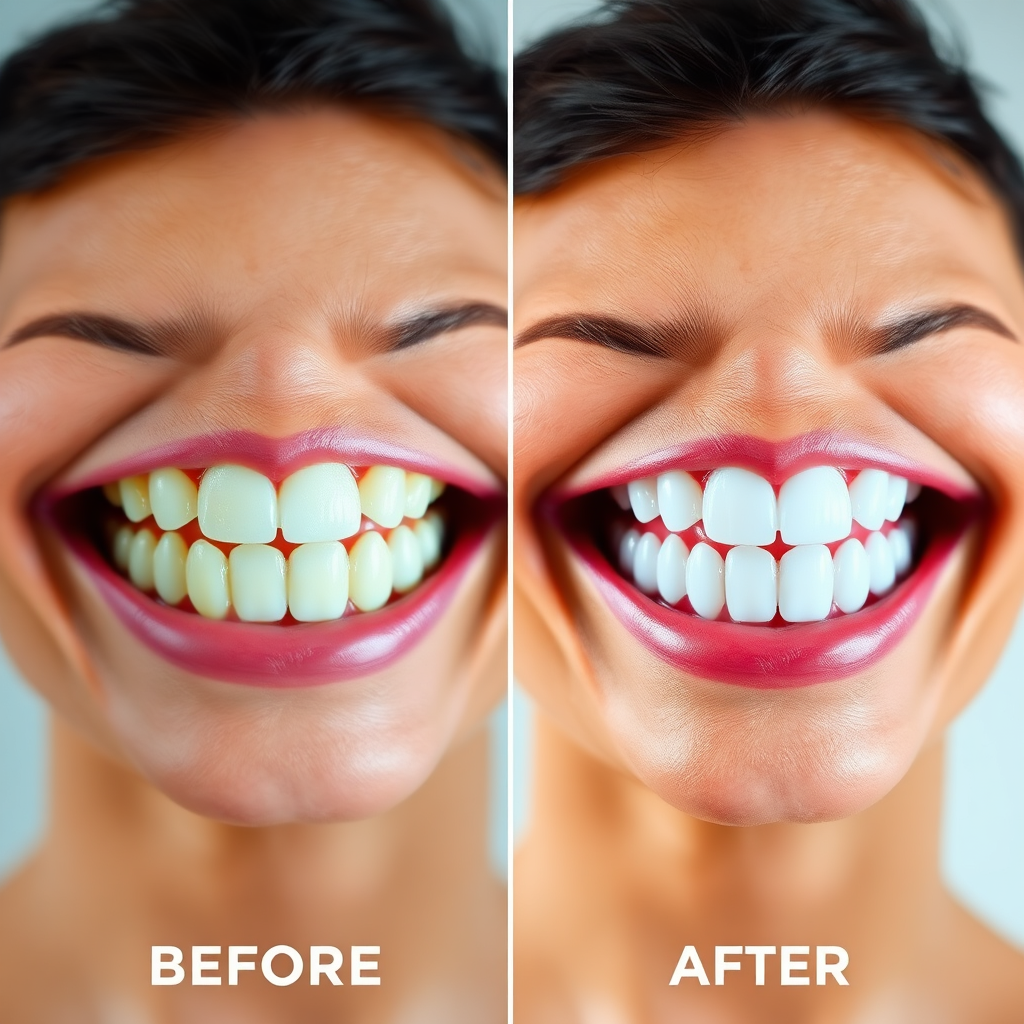 A before-and-after image showcasing the transformative effect of teeth whitening. The 'before' image shows slightly yellowed teeth, while the 'after' image displays a bright, white smile. Use contrasting lighting to emphasize the difference. Composition should be simple and direct, focusing on the teeth. Color palette: primarily whites and neutral tones. Technical specs: 4K resolution, split-screen effect, high impact.
