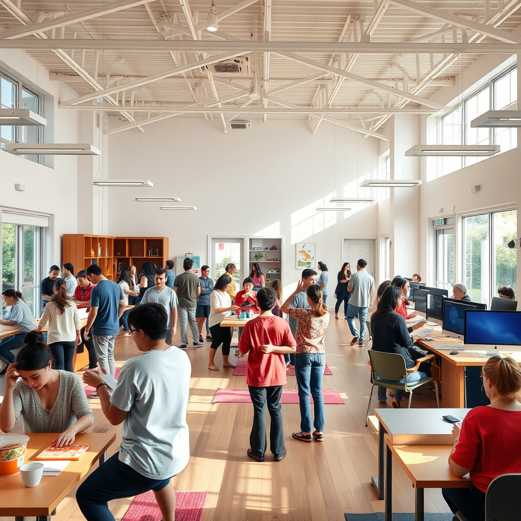 A bright and spacious community center interior. People are participating in various activities, such as a cooking class, a yoga session, and a computer workshop. Focus on capturing the sense of community and collaboration. Photorealistic style, 4k resolution.