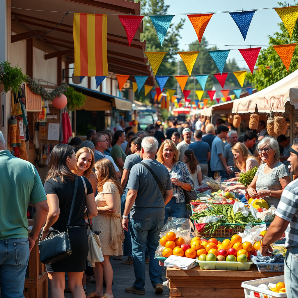 A bustling outdoor market scene. Vendors are selling local produce, crafts, and food. People of all ages are mingling, laughing, and enjoying the festivities. Colorful banners and decorations add to the vibrant atmosphere. Focus on capturing the energy and excitement of the event. Photorealistic style, 4k resolution.