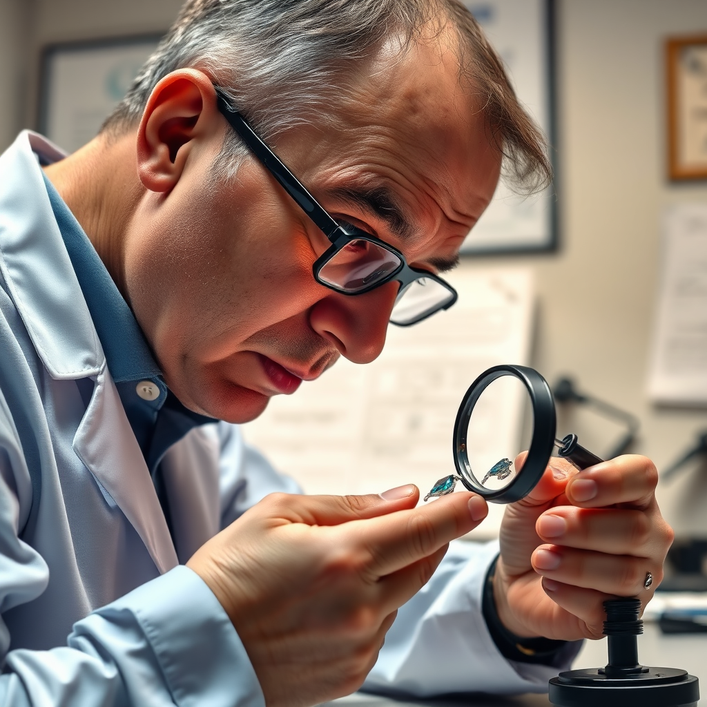 A certified gemologist examining a piece of jewelry with a magnifying glass, carefully assessing its value and quality. The gemologist's expression should be thoughtful and focused. The lighting should be bright and even, allowing the gemologist to see every detail. The background should be a professional appraisal office, with appraisal documents and tools neatly arranged. The style should evoke a sense of trustworthiness and expertise. Technical specs: 4K resolution, photorealistic.