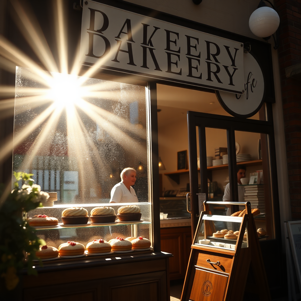 A charming, photorealistic storefront of a local bakery or cafe. Sunlight streams through the window, illuminating the freshly baked goods and the friendly staff. Capture the inviting atmosphere and the sense of community that these businesses provide. The camera angle should be a close-up shot, focusing on the details of the storefront and the products on display. Hyperrealistic details on the pastries and storefront sign.