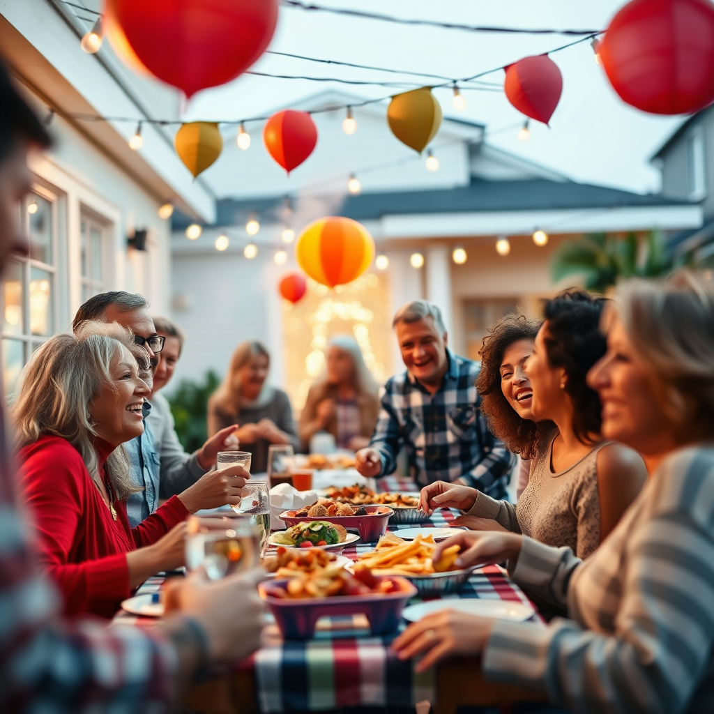 A cheerful image depicting a group of neighbors enjoying a social gathering, such as a block party, a potluck dinner, or a barbecue. The scene should be festive and inviting, with warm lighting and colorful decorations. Focus on capturing the sense of community, with details like the shared food, the friendly conversations, and the joyful atmosphere. The camera angle should be slightly low, emphasizing the camaraderie and togetherness. Style: Lifestyle photography.