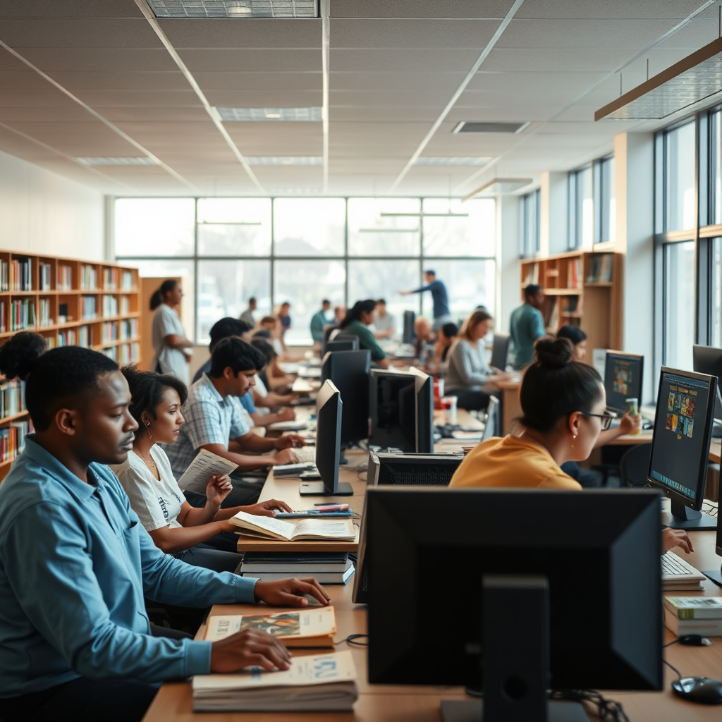 A clean, inviting image of a community center or library. People are using computers, reading books, and attending workshops. The lighting should be bright and welcoming, creating a sense of opportunity and access. Focus on the resources that are available and the positive impact they have on the community. The camera angle should be a medium shot, focusing on the people and the resources they are using. Hyperrealistic details on the books and computers.
