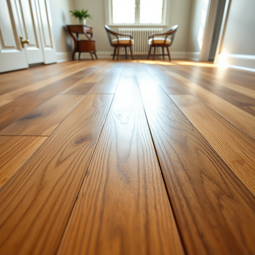 A close-up, detailed photograph of a perfectly fitted, durable hardwood floor in a well-lit room. The focus is on the grain and texture of the wood, highlighting its natural beauty and resilience. The lighting should be bright and even, accentuating the details of the floor. The camera angle should be low, capturing the floor in a wide shot. The color palette should be warm and inviting, with natural wood tones dominating the scene. The overall style should evoke a feeling of quality and durability.