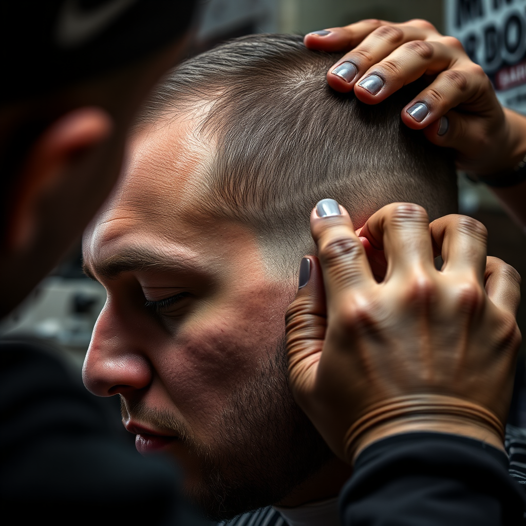 A close-up, photorealistic image of a barber meticulously cleaning up the hairline of a client after a haircut at Mr. Do's Barbershop. Focus on the barber's skilled hands and the precision of the work. Lighting: focused and sharp, highlighting the detail in the hair and the barber's technique. Style: precise and professional, emphasizing the attention to detail. Color palette: neutral tones with a subtle emphasis on the hair color and skin tone. 4k resolution.