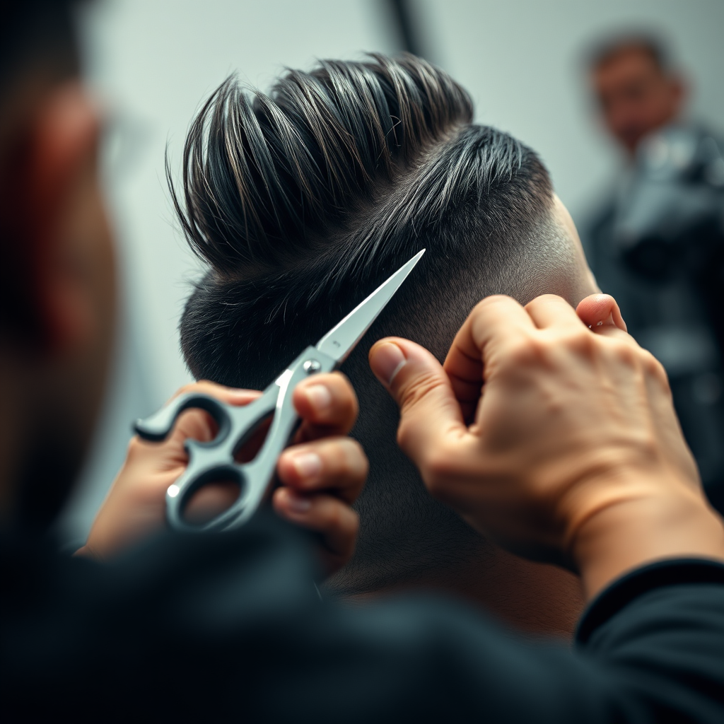 A close-up, photorealistic image of a barber expertly using scissors to shape a client's hair. Focus on the barber's hands and the sharp, clean lines of the cut. Lighting: focused and precise, highlighting the detail in the hair. Color palette: neutral tones with a subtle emphasis on the hair color. Style: hyperrealistic with a touch of artistic flair to emphasize the skill and precision involved. 4k resolution.
