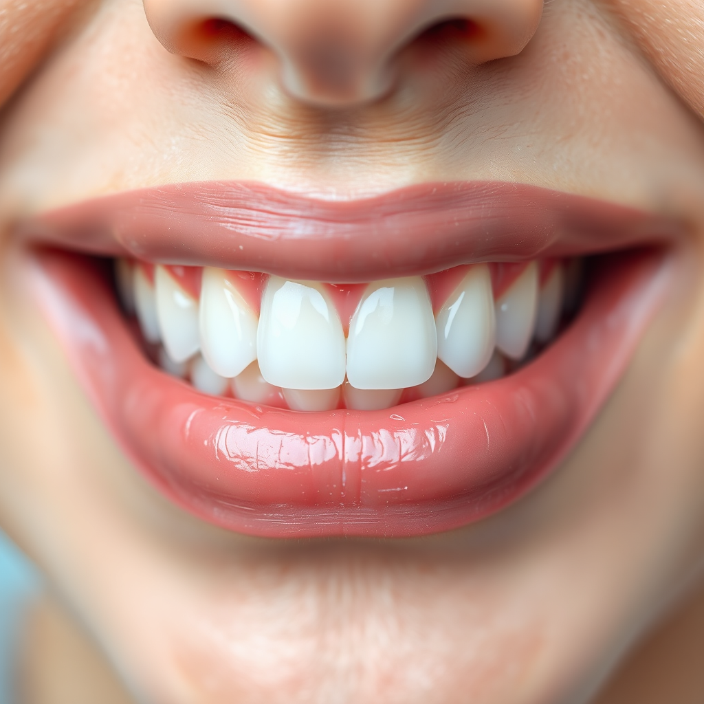 A close-up photorealistic image showcasing healthy gums surrounding clean, white teeth. Focus on the texture and color of the gums, emphasizing their healthy appearance. Use soft, diffused lighting to create a natural and inviting look. Background should be blurred to keep the focus on the gums and teeth. Color palette: pinks, whites, and light blues. Technical specs: 4K resolution, macro photography, shallow depth of field.