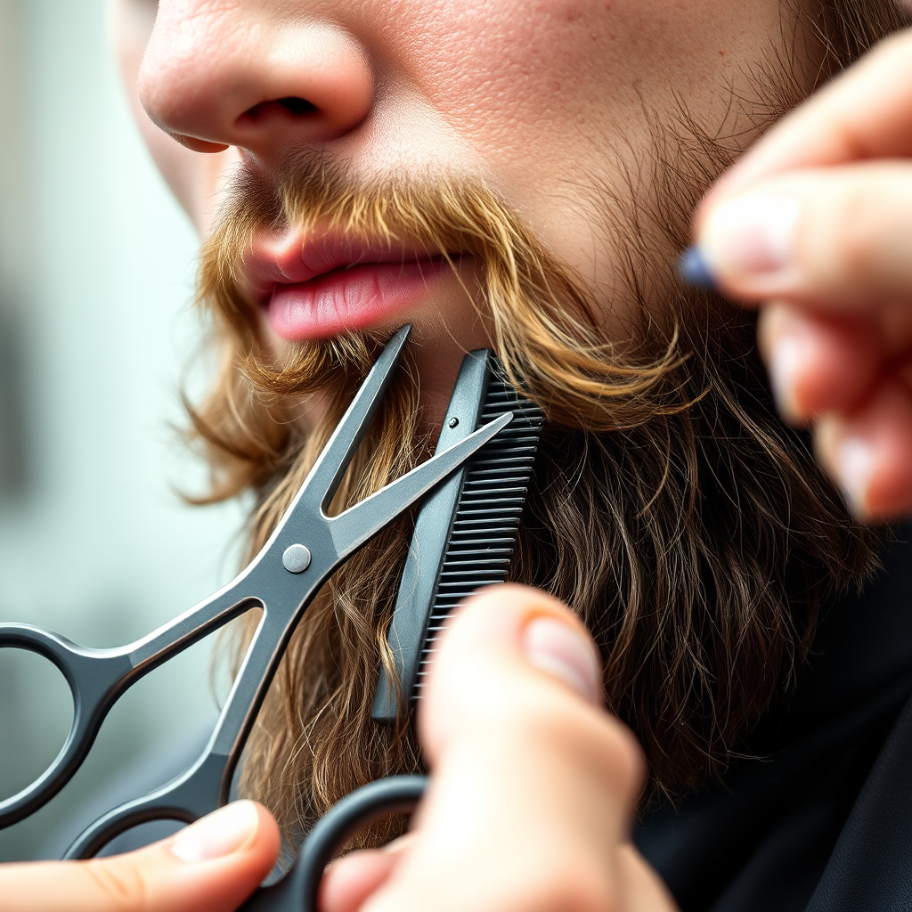 A close-up shot of a barber carefully trimming a beard with scissors and a comb. Focus on the detail and precision. The beard should look well-groomed and stylish.