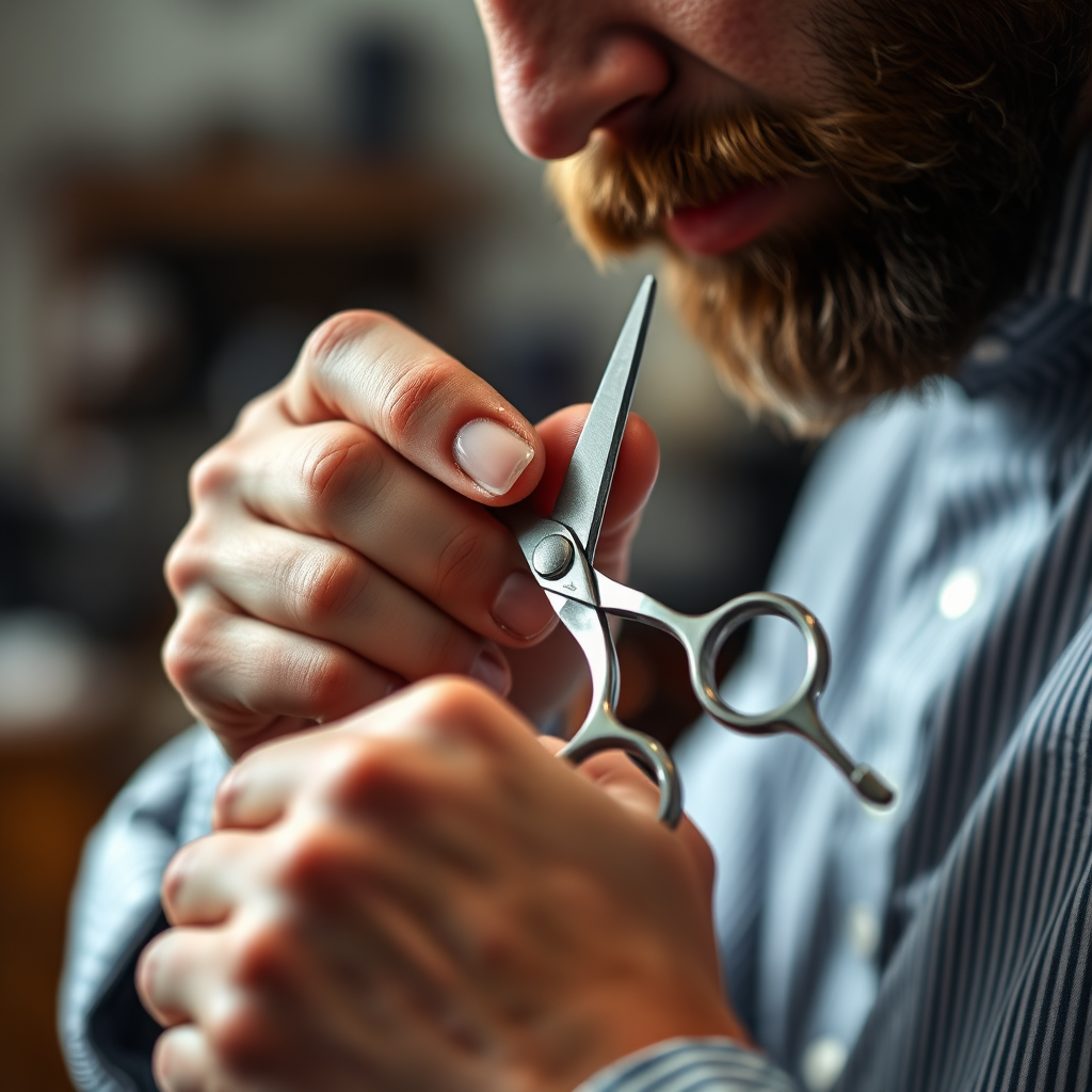 A close-up shot of a barber's hands meticulously cleaning and oiling a pair of high-end scissors. The barber appears focused and dedicated. The lighting is soft and focused on the scissors, highlighting their precision and quality. The background is a blurred barbershop setting. The image conveys the attention to detail and appreciation for quality tools that are valued by barbers. Style: Photorealistic, emphasizing texture and craftsmanship.
