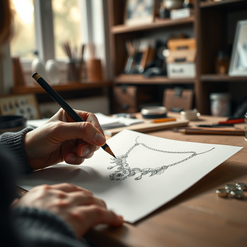 A close-up shot of a jewelry designer sketching a design for a custom necklace. The designer's hand should be holding a pencil, and the design should be detailed and intricate. The lighting should be soft and focused, highlighting the designer's creativity. The background should be a well-organized studio, with design tools and materials neatly arranged. The style should evoke a sense of artistry and craftsmanship. Technical specs: 4K resolution, photorealistic.