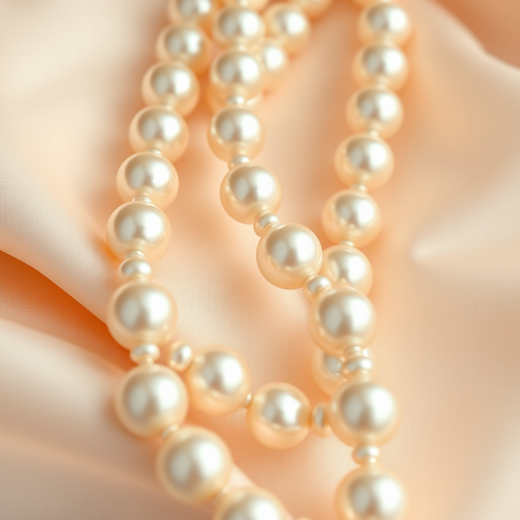 A close-up shot of a string of lustrous pearls, draped elegantly against a soft, silk background. The lighting should be gentle and diffused, enhancing the natural sheen and iridescence of the pearls. The color palette should be soft and creamy, with subtle variations in tone to highlight the pearls' depth. The camera angle should be slightly above, capturing the entire string of pearls in focus. The style should evoke a sense of timeless elegance and sophistication. Technical specs: 4K resolution, photorealistic.