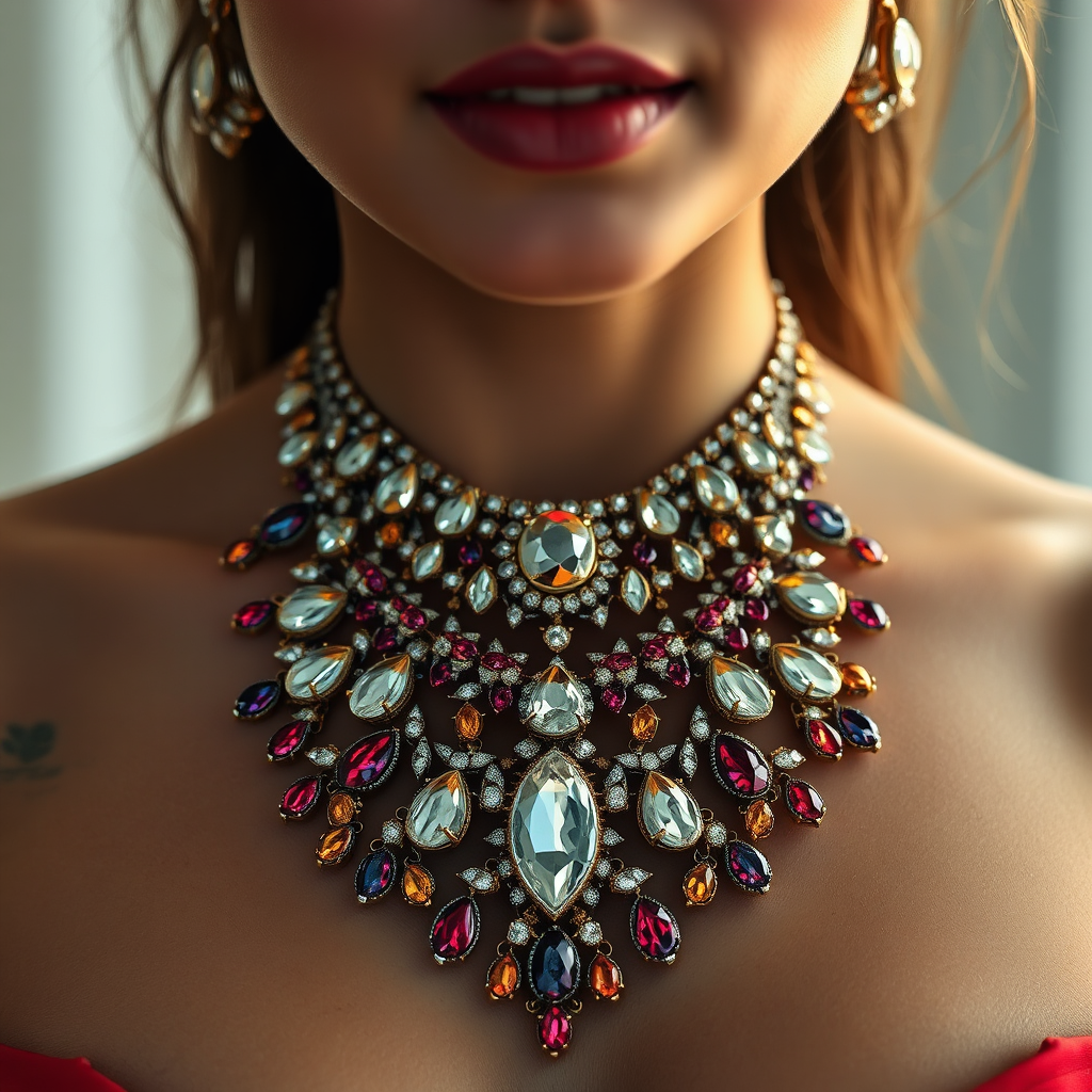 A close-up shot of a woman wearing a striking statement necklace. The necklace should be the focal point, with intricate details and vibrant gemstones. The lighting should highlight the sparkle and texture of the jewelry, casting a soft glow on the woman's skin. The color palette should be rich and luxurious, with complementary colors that enhance the necklace's beauty. The background should be blurred, creating a sense of depth and focusing attention on the subject. The style should evoke a sense of elegance and confidence. Technical specs: 4K resolution, photorealistic.