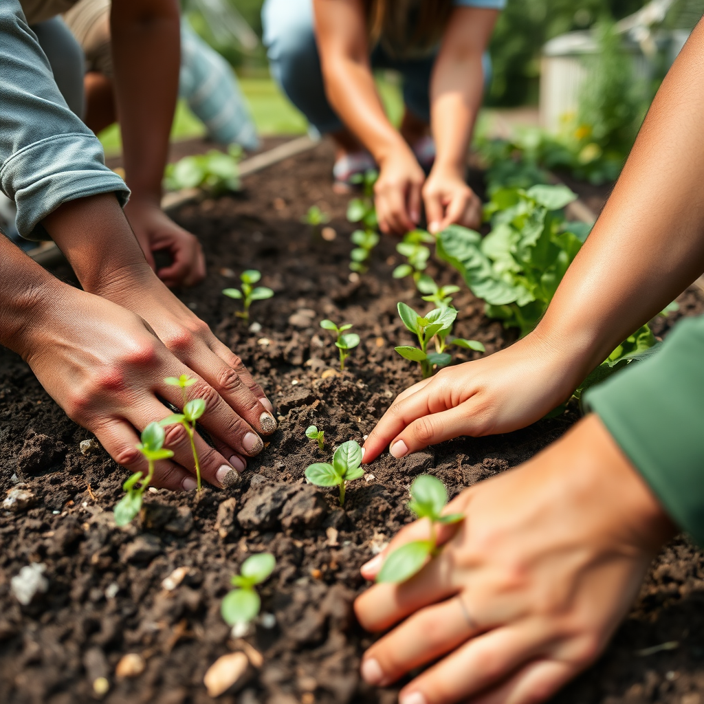 A close-up shot of diverse hands planting seedlings in a community garden. Focus on the texture of the soil, the vibrant colors of the plants, and the collaborative spirit of the gardeners. Use natural lighting to highlight the freshness and vitality of the garden. Camera angle: low, emphasizing the connection between the gardeners and the earth. The overall feeling should be one of growth, sustainability, and community cooperation.