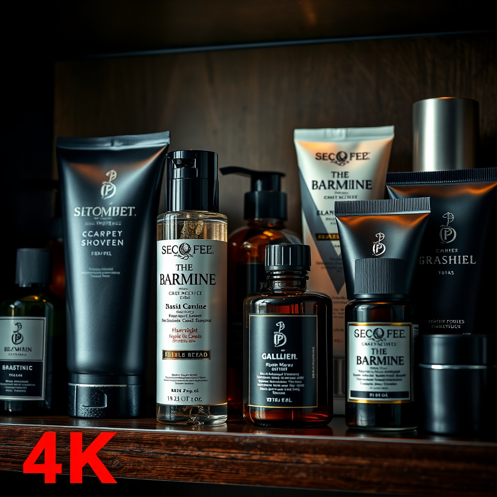 A close-up, stylized image of a selection of premium grooming products displayed on a shelf. Focus on the packaging, textures, and branding. Lighting: dramatic and focused, highlighting the quality of the products. Style: luxurious and sophisticated, emphasizing the high-end nature of the products. Color palette: rich and varied, with a focus on contrasting colors and textures. 4k resolution.
