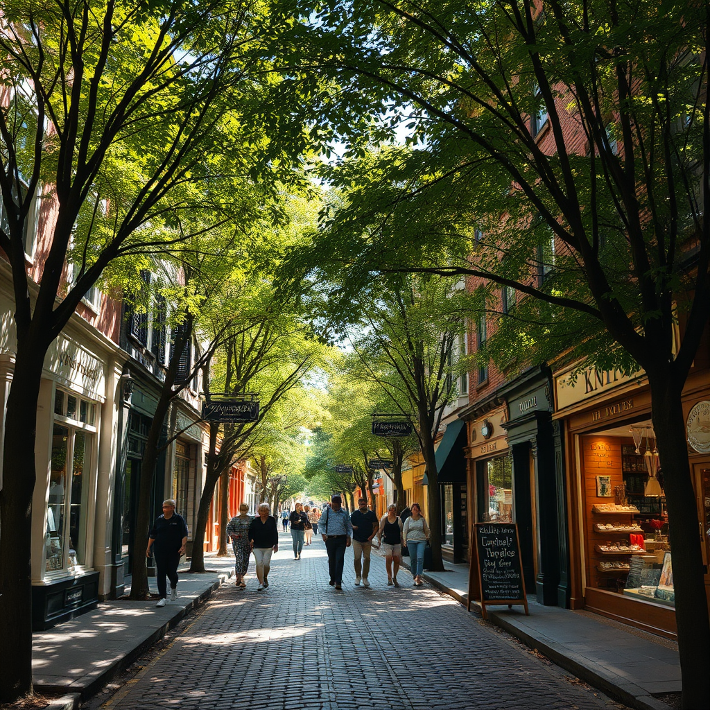 A cobblestone street lined with charming storefronts and mature trees. Sunlight filters through the leaves, casting dappled shadows on the ground. People are strolling leisurely, window shopping, and enjoying the atmosphere. Capture the unique architectural details of the buildings and the vibrant displays in the shop windows. The overall tone should be warm and inviting, highlighting the character of the neighborhood. Photorealistic style, 4k resolution.
