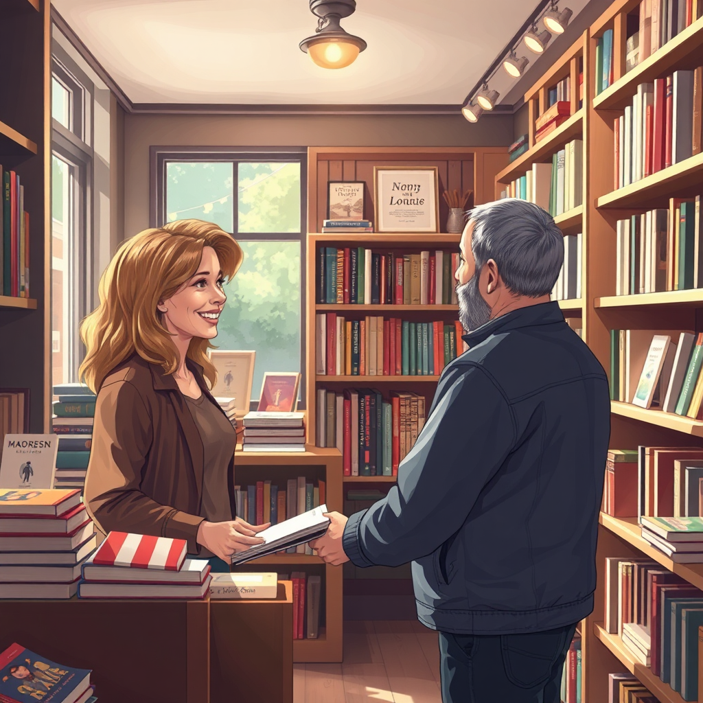 A cozy local bookstore with a friendly bookseller assisting a customer. The shelves are filled with books, and the atmosphere is warm and inviting. Soft, natural light streams in through the windows. The style should be photorealistic, capturing the details of the bookstore's interior and the expressions of the people.