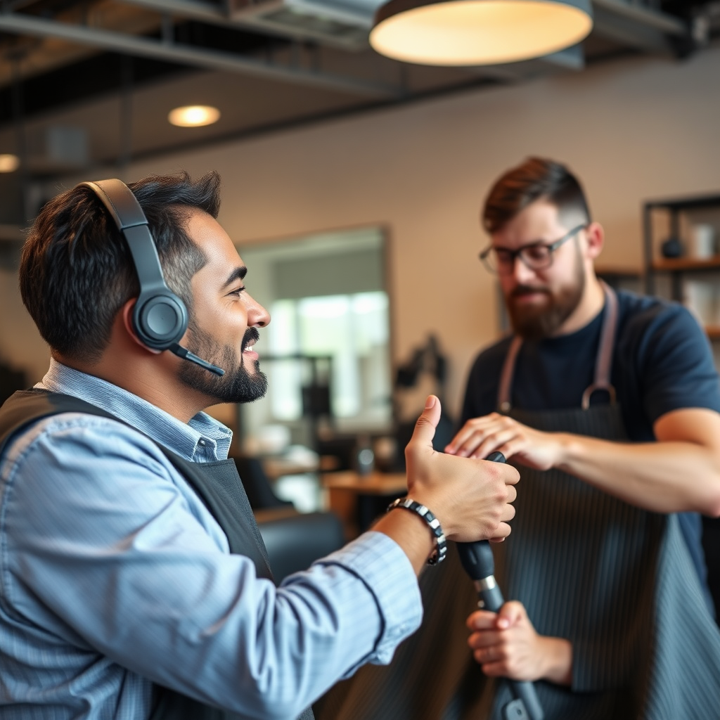 A customer service representative offering a reassuring hand to a barber experiencing frustration with a tool. The scene is set in a modern and supportive environment. The image conveys empathy and understanding. Style: Warm, compassionate, and personal.