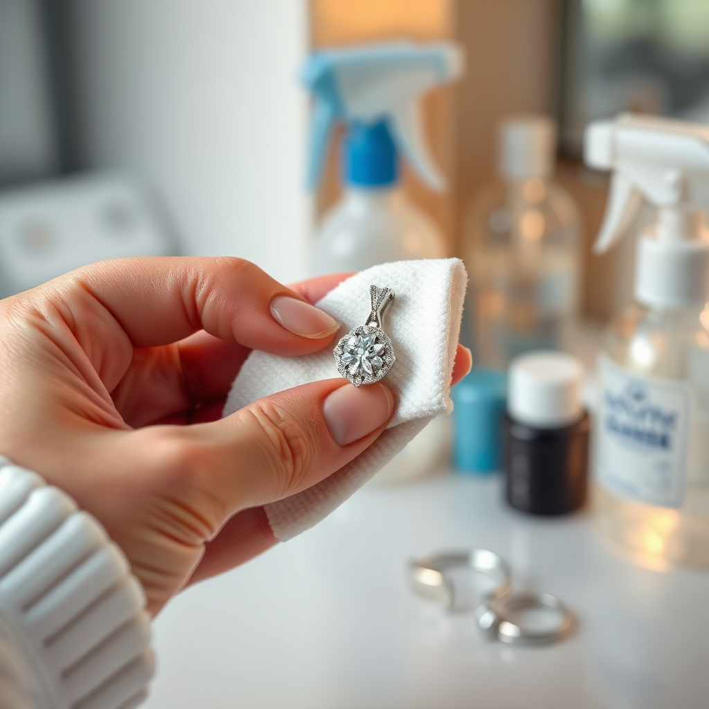 A delicate hand gently cleaning a piece of jewelry with a soft cloth. The jewelry should be sparkling and well-maintained, showcasing the importance of proper care. The lighting should be soft and warm, creating a sense of care and attention. The background should be clean and organized, with cleaning supplies neatly arranged. The style should be practical and informative. Technical specs: 4K resolution, photorealistic.