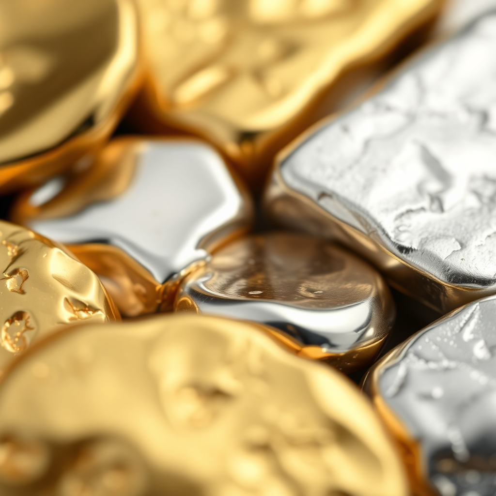 A detailed close-up shot showcasing different types of jewelry metals, including gold, silver, and platinum. Each metal sample should be polished to a high shine, highlighting its unique luster and texture. The lighting should be even and diffused, ensuring that the colors and details of each metal are accurately represented. The composition should be clean and minimalist, with each metal sample clearly separated and labeled. The style should be informative and educational. Technical specs: 4K resolution, photorealistic.