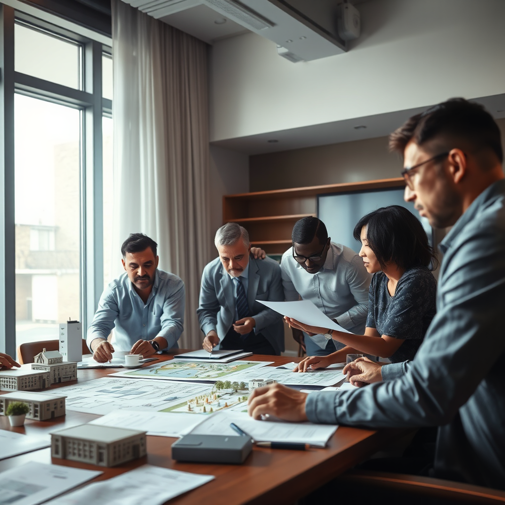 A detailed, photorealistic image of a neighborhood planning meeting. Architects, developers, and community members are gathered around a table, reviewing blueprints and discussing plans for the future of the neighborhood. The lighting should be professional and focused, highlighting the importance of collaboration and strategic thinking. Include details such as architectural models, maps, and charts. The camera angle should be a medium shot, capturing the energy and dynamics of the meeting. Hyperrealistic textures and rendering of the meeting room.
