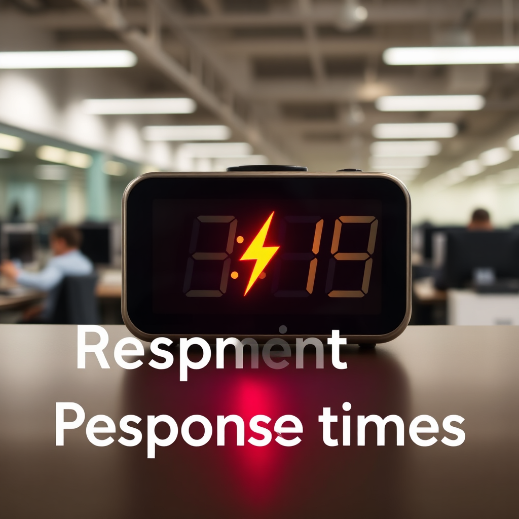 A digital clock with a glowing screen displaying a lightning bolt symbol. The background is a busy office environment, conveying speed and efficiency. The image represents prompt response times. Style: Sleek, modern, and technological.