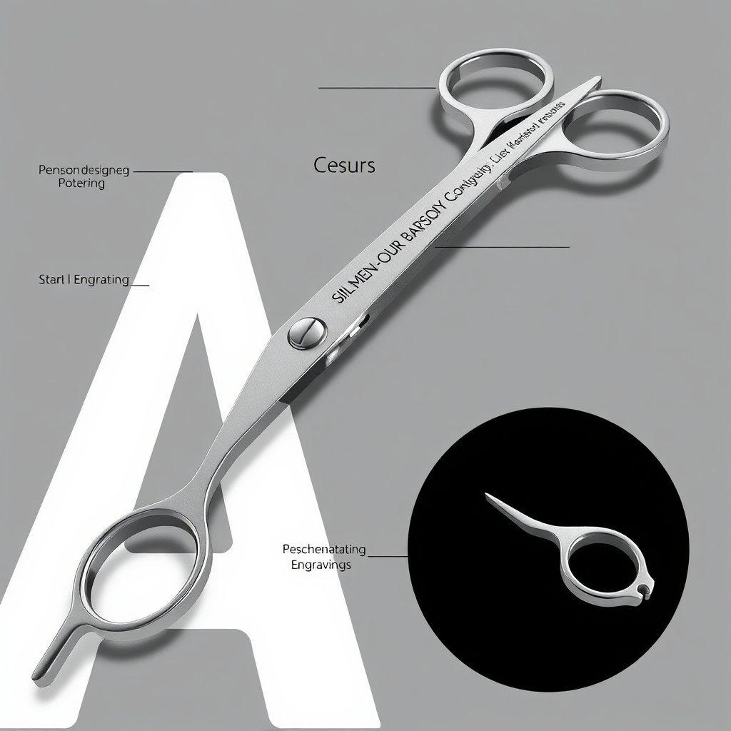 A digital rendering of a custom-designed barber scissor, showcasing unique features and personalized engravings. The rendering is detailed and realistic, highlighting the potential for customization. Style: Modern, innovative, and artistic.