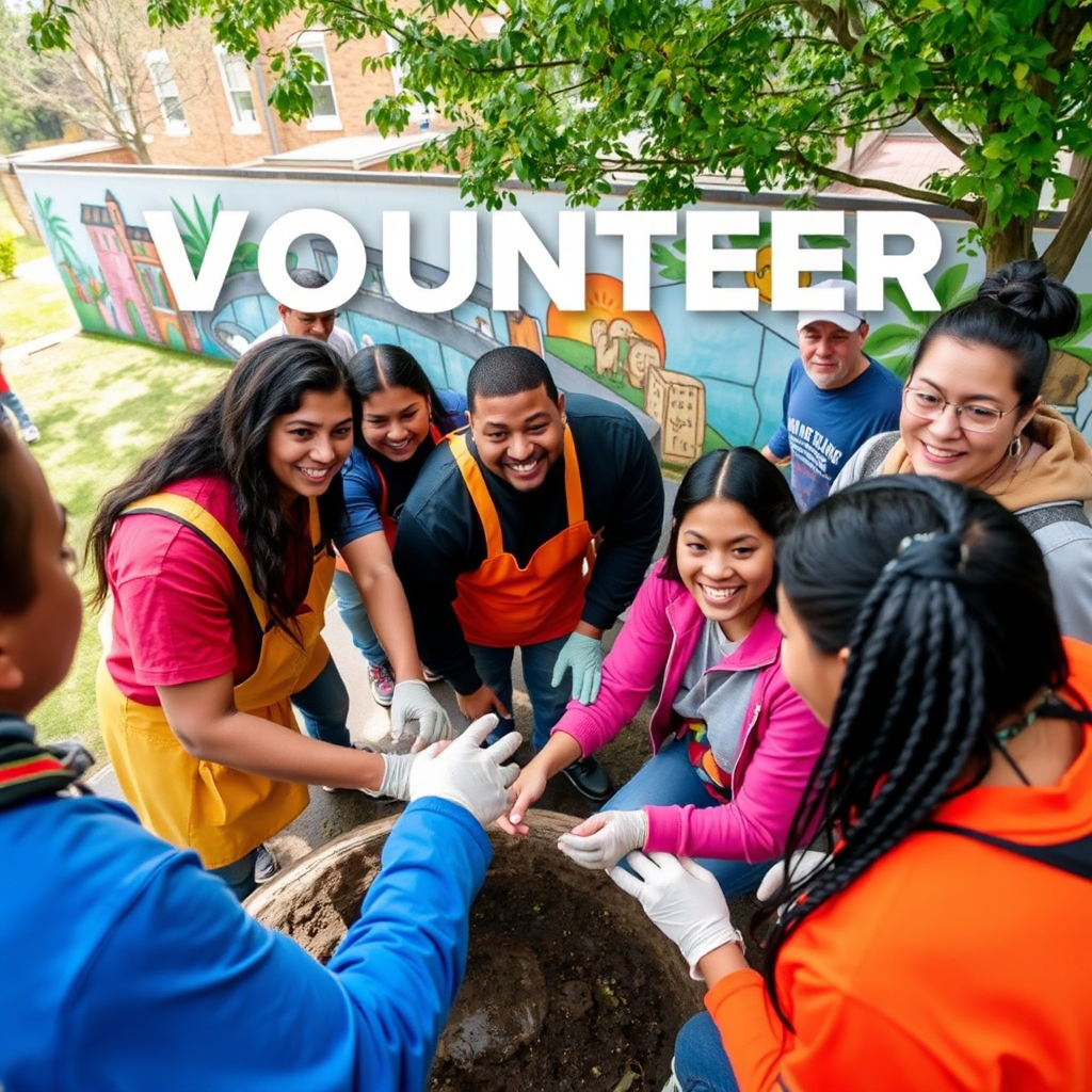 A dynamic image depicting a group of volunteers working together on a community project, such as cleaning up a park, painting a mural, or serving food at a soup kitchen. The scene should be energetic and inspiring, with bright colors and positive attitudes. Focus on capturing the impact of volunteerism, with details like the smiling faces, the helping hands, and the sense of accomplishment. The camera angle should be slightly elevated, providing a wide view of the scene. Style: Volunteer photography.
