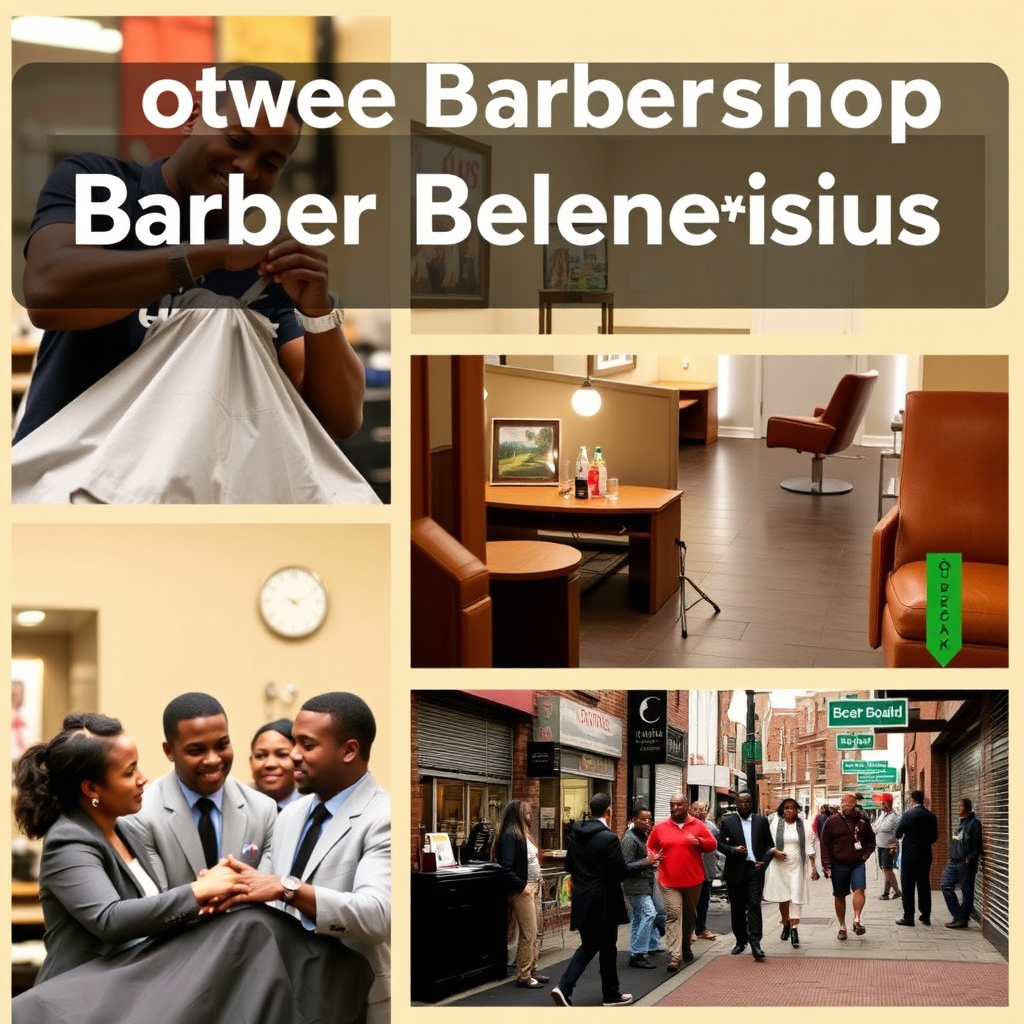 Collage of barbers, shops, and community