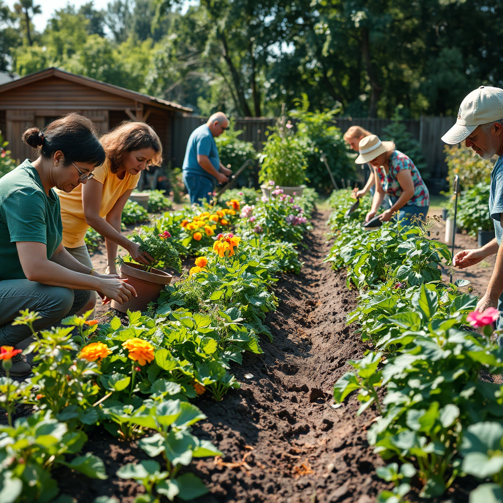 A flourishing community garden with residents working together to plant vegetables and flowers. The garden is well-maintained and features diverse plants. The lighting should be bright and natural, emphasizing the lush greenery. The style should be photorealistic, capturing the textures of the soil, plants, and tools.