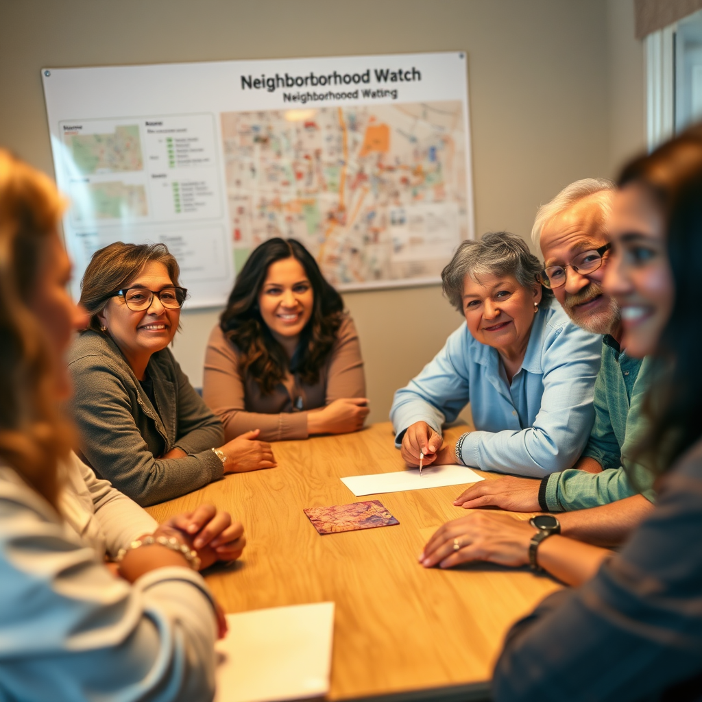 A friendly group of neighbors participating in a neighborhood watch meeting. Focus on their attentive faces and the collaborative atmosphere of the gathering. The background should feature a map of the neighborhood, highlighting areas of concern. Use warm, inviting lighting to create a sense of trust and security. Camera angle: eye-level, capturing the essence of community vigilance and cooperation.