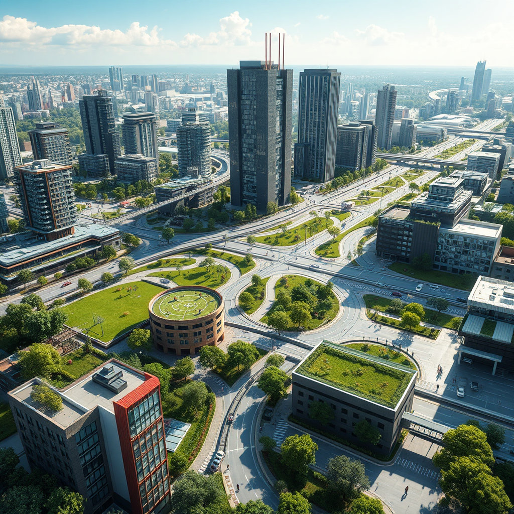 A futuristic cityscape with green spaces, modern buildings, and sustainable infrastructure. The image represents a vision of a thriving and connected community. The lighting should be bright and optimistic. The style should be modern and innovative, conveying a sense of progress and possibility.