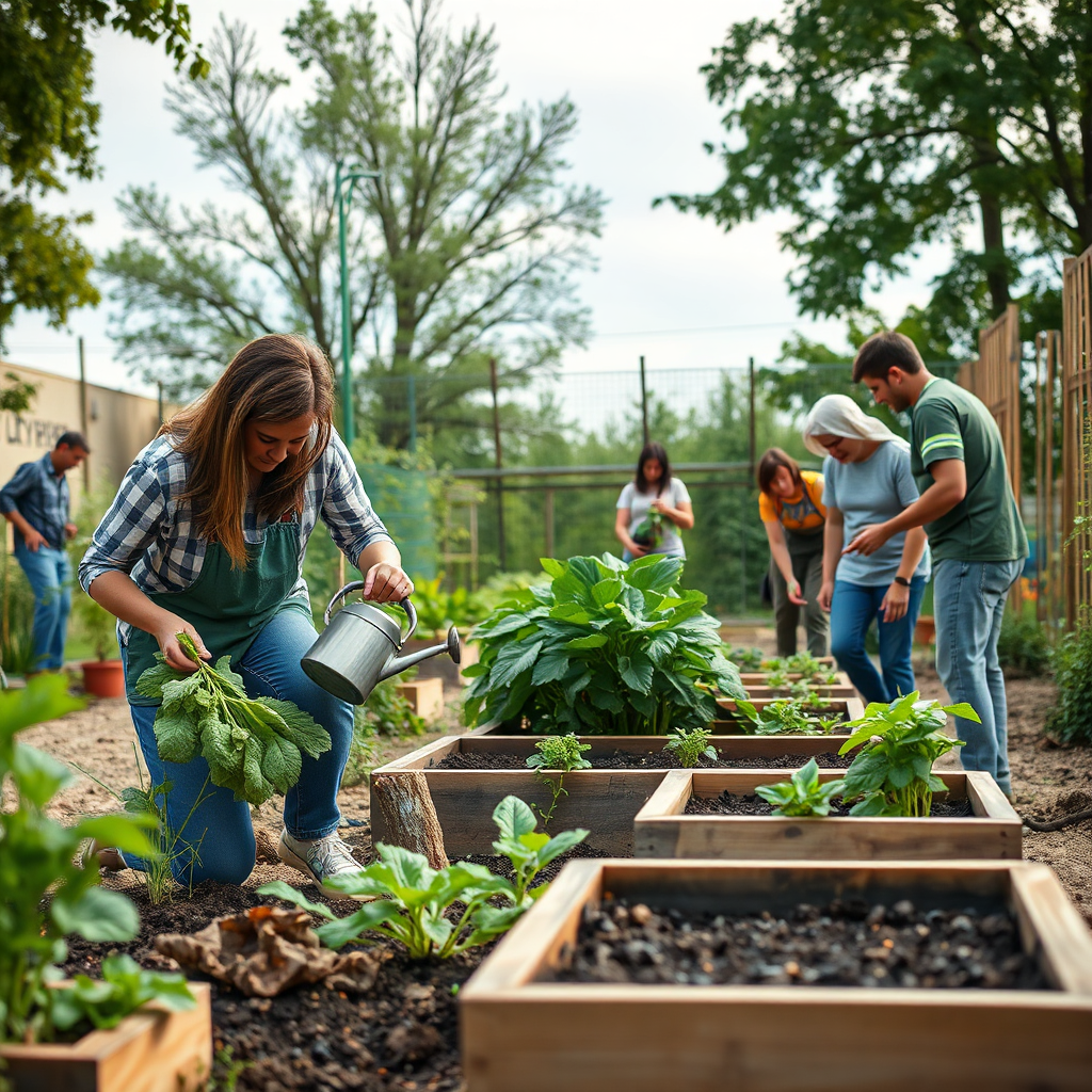 A group of neighbors working together on a community garden project. They are planting vegetables, watering plants, and building raised beds. Focus on capturing the sense of collaboration and community pride. Photorealistic style, 4k resolution.