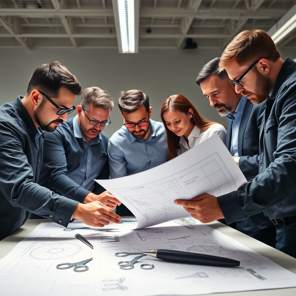 A group of people are huddled around a table, examining blueprints and charts related to barbershop tools. The scene shows collaboration and innovation. The lighting is bright and professional. The image highlights the research and development efforts that ensure product excellence. Style: Business-oriented, modern, and innovative.