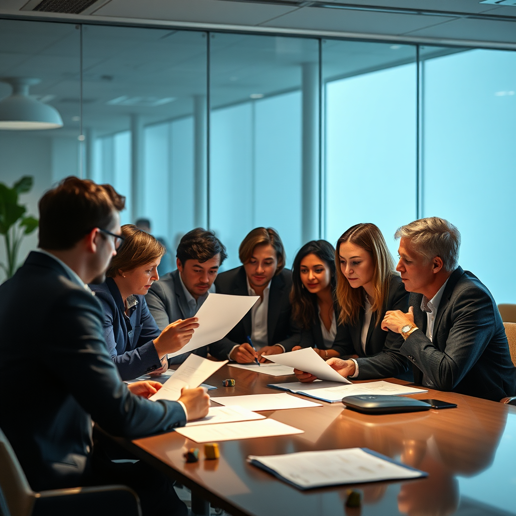 A group of people sitting around a table, engaged in a productive discussion. They are reviewing documents, sharing ideas, and making decisions. The lighting should be professional and focused. The style should be realistic, capturing the dynamics of the meeting.